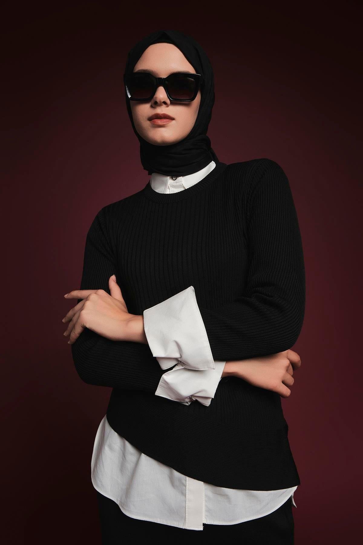 Armine TREND Asimetrik Kesim Çizgi Detaylı Etekli Takım Siyah 25YTD6119