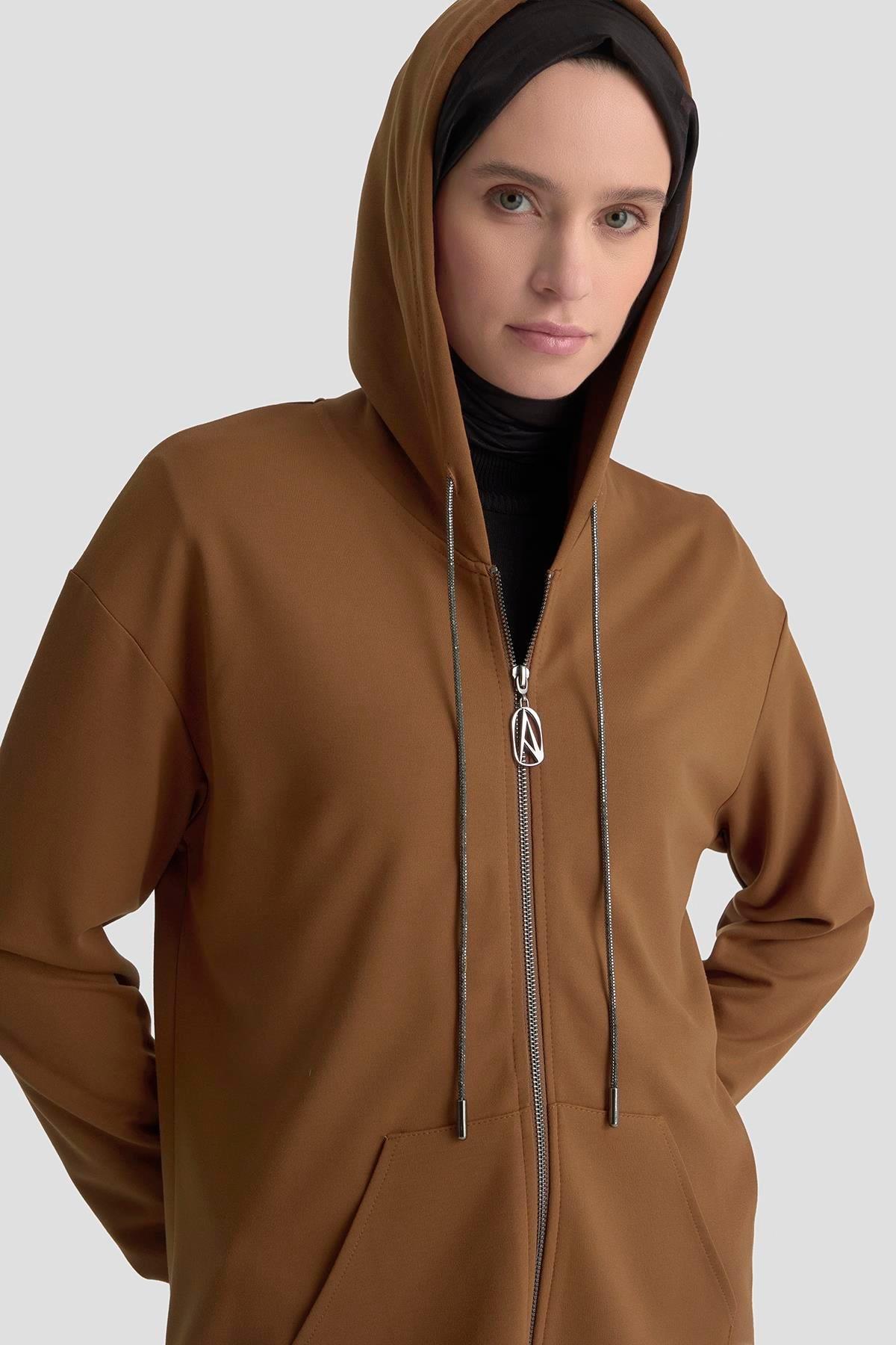 Armine TREND Bağcıklı Kapüşonlu 2 İplik Tunik Taba 25KT448