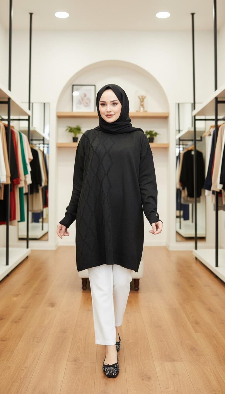 Armine TREND Baklava Desen Detaylı Triko Tunik Siyah 25YTD4118