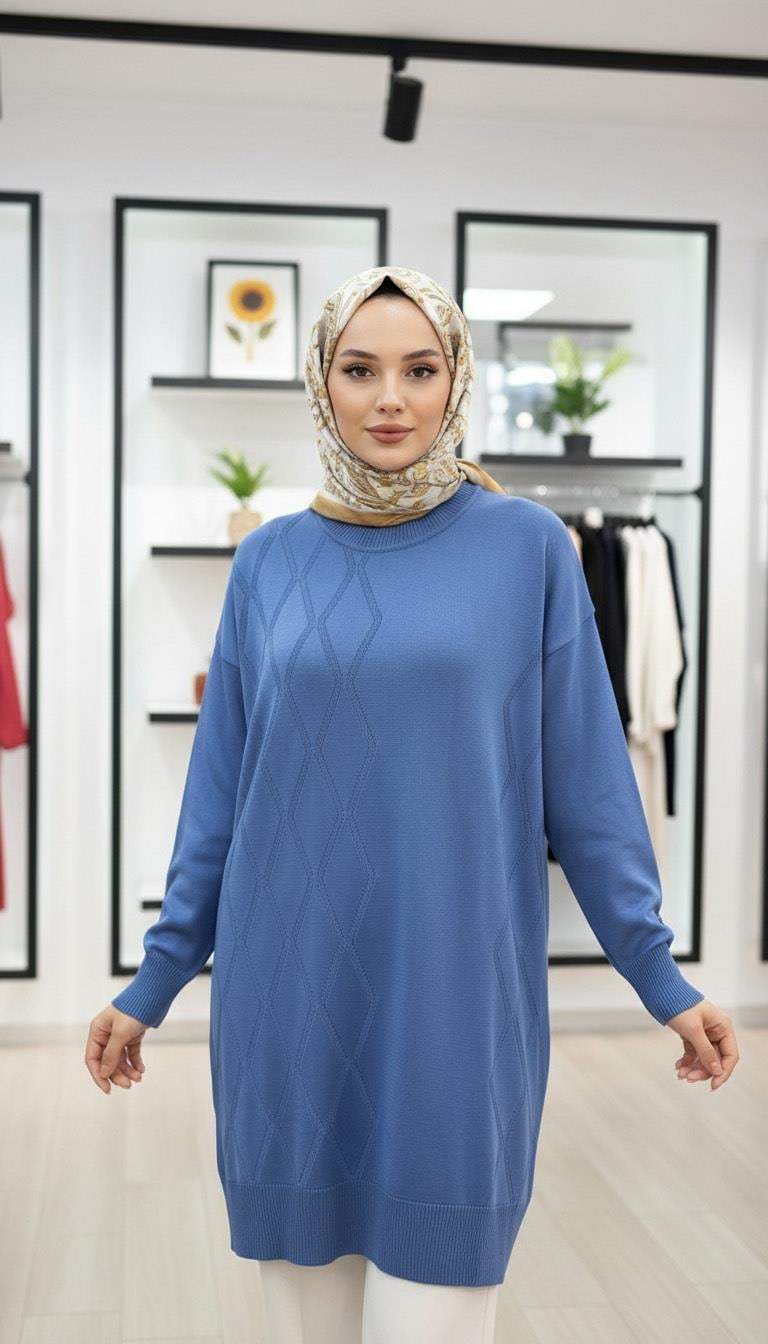 Armine TREND Baklava Desen Detaylı Triko Tunik İndigo 25YTD4118