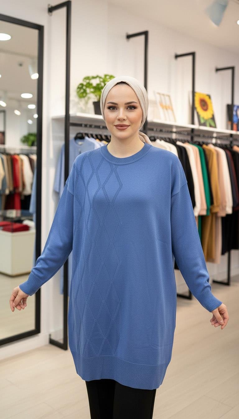 Armine TREND Baklava Desen Detaylı Triko Tunik İndigo 25YTD4118
