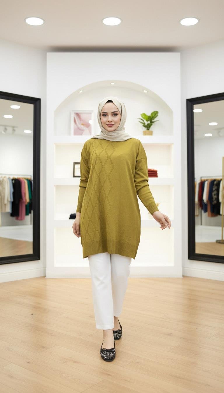 Armine TREND Baklava Desen Detaylı Triko Tunik Yağ Yeşili 25YTD4118
