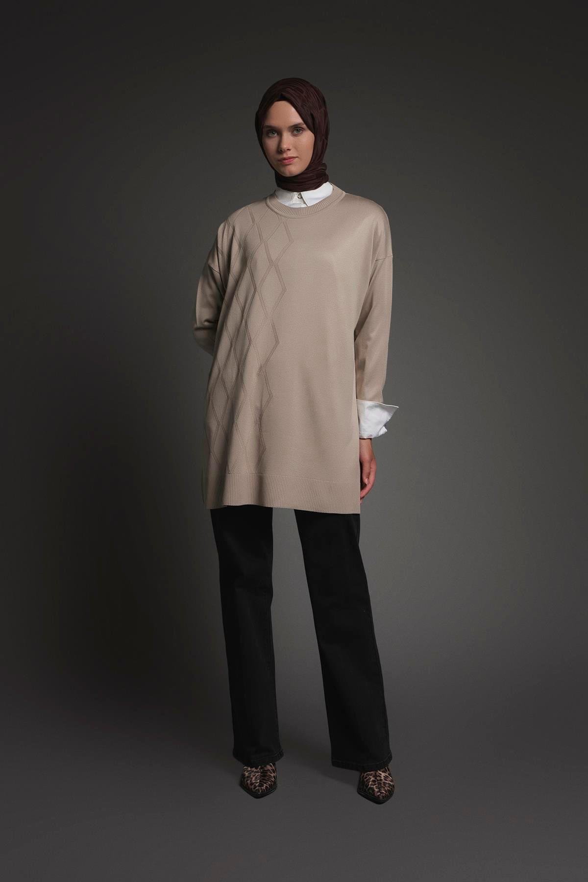 Armine TREND Baklava Desen Detaylı Triko Tunik Koyu Taş 25YTD4118