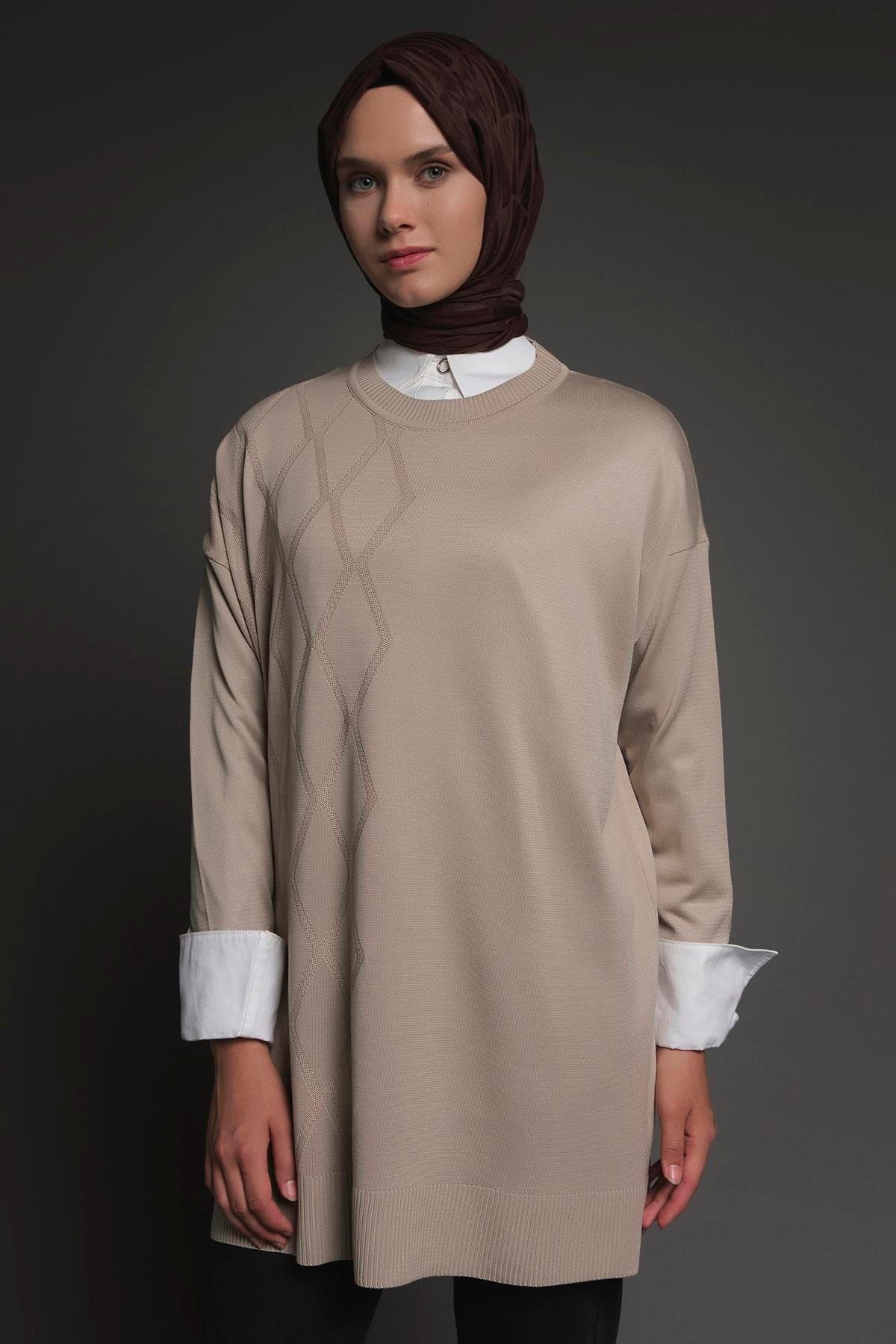 Armine TREND Baklava Desen Detaylı Triko Tunik Koyu Taş 25YTD4118