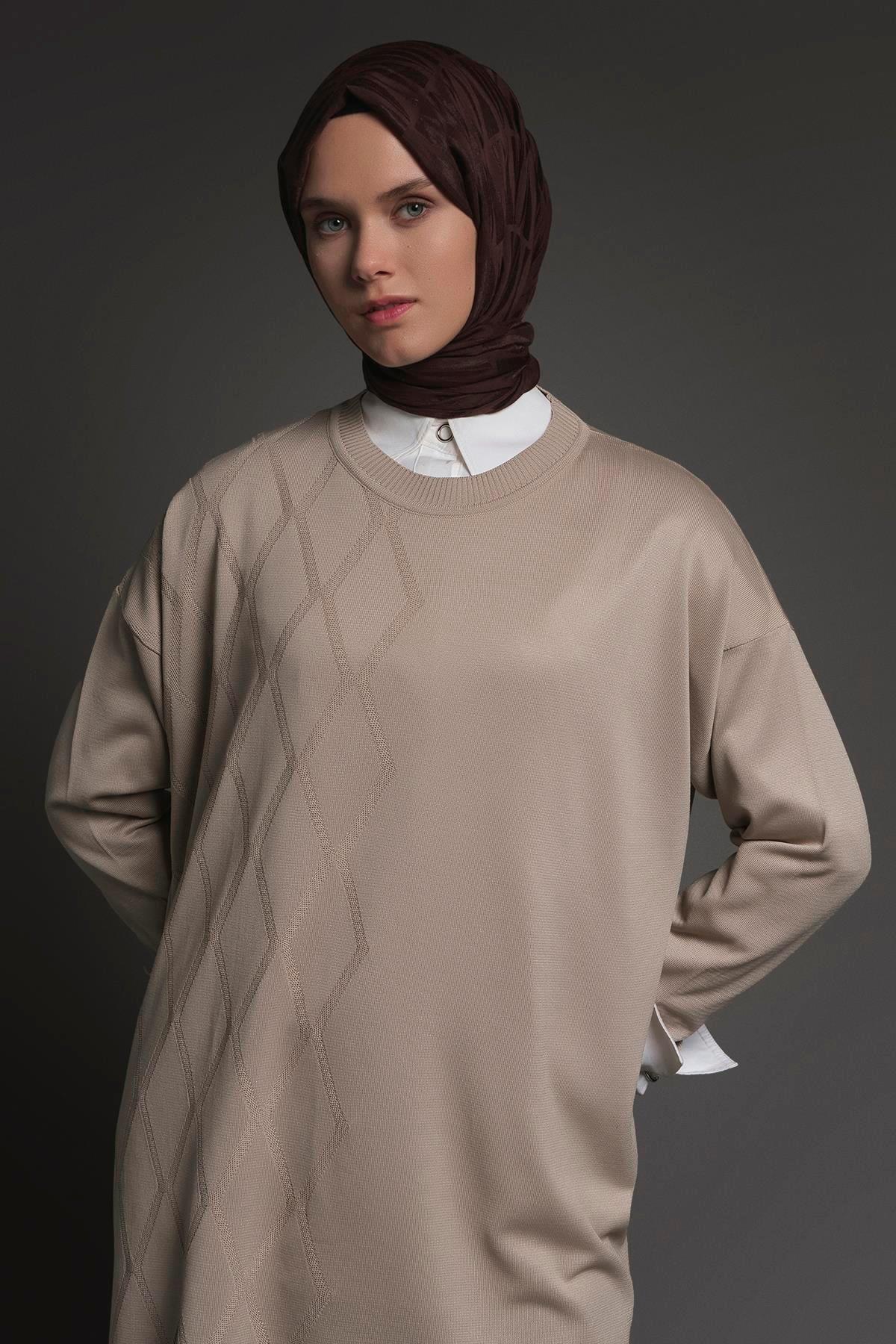Armine TREND Baklava Desen Detaylı Triko Tunik Koyu Taş 25YTD4118