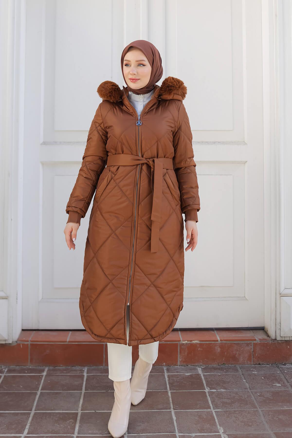 Armine Trend Baklava Desen Kuşaklı Mont Badem 24KT709