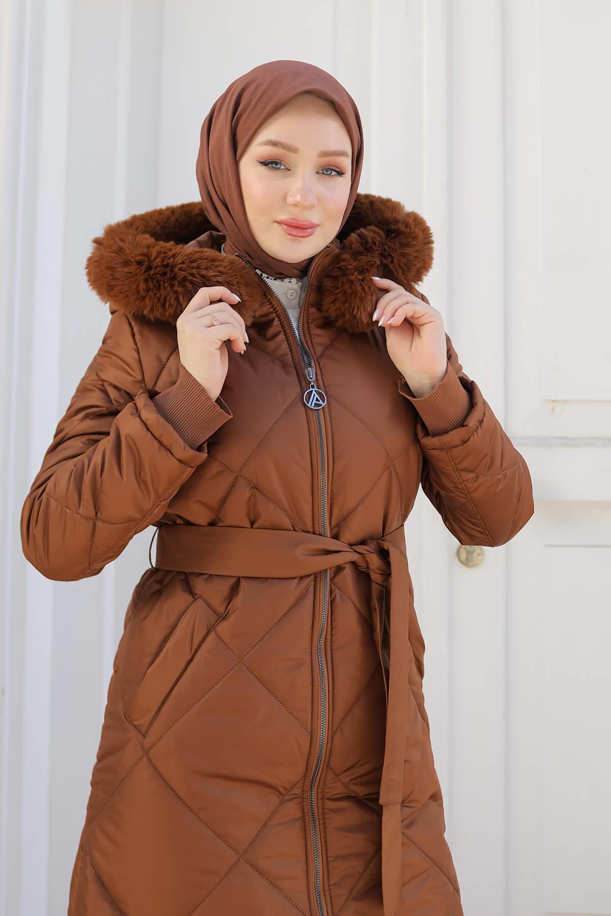 Armine Trend Baklava Desen Kuşaklı Mont Badem 24KT709
