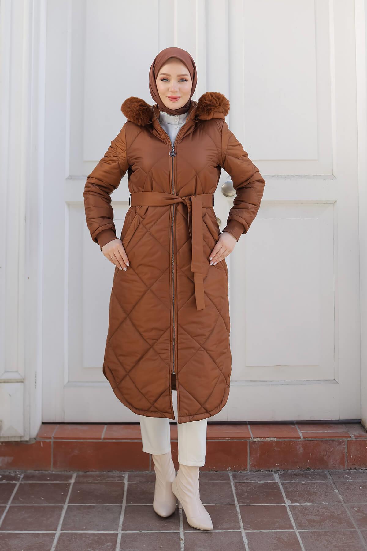 Armine Trend Baklava Desen Kuşaklı Mont Badem 24KT709
