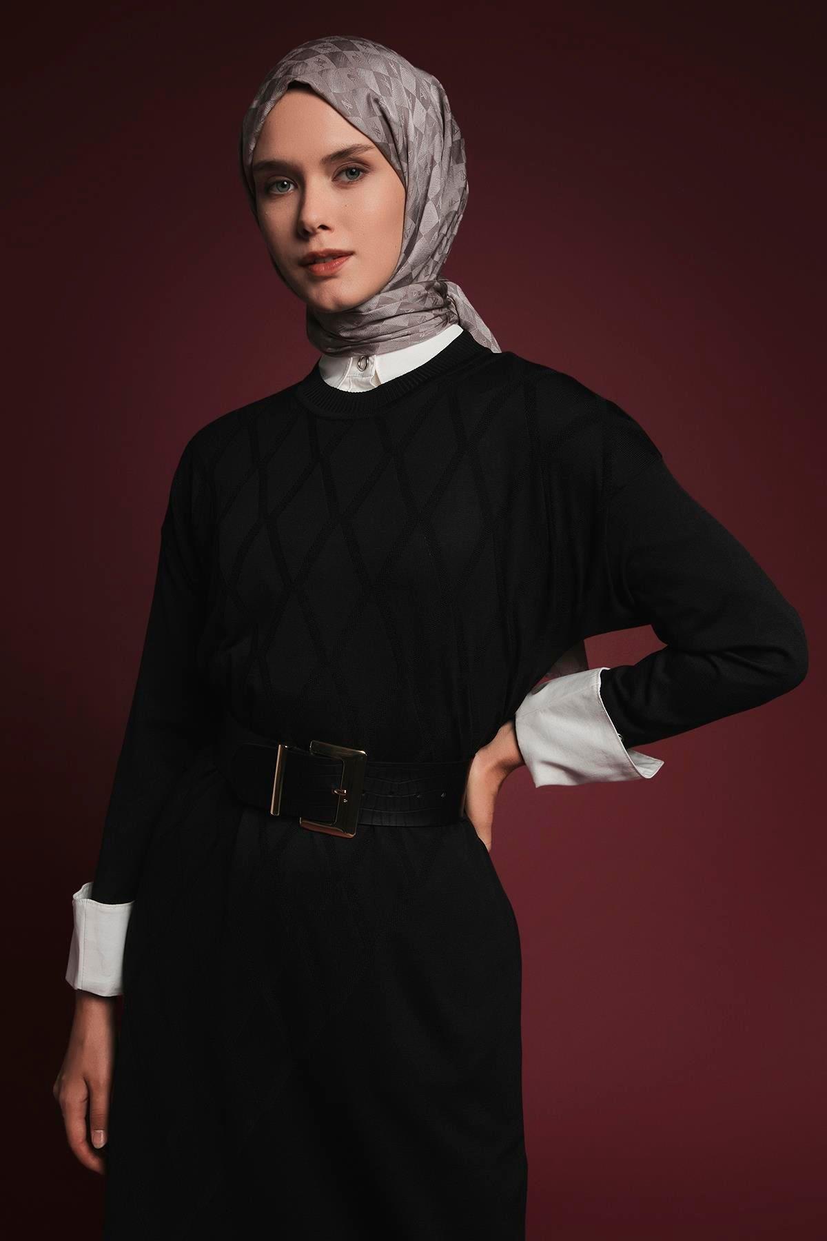 Armine TREND Baklava Desen Triko Elbise Siyah 25YTD957