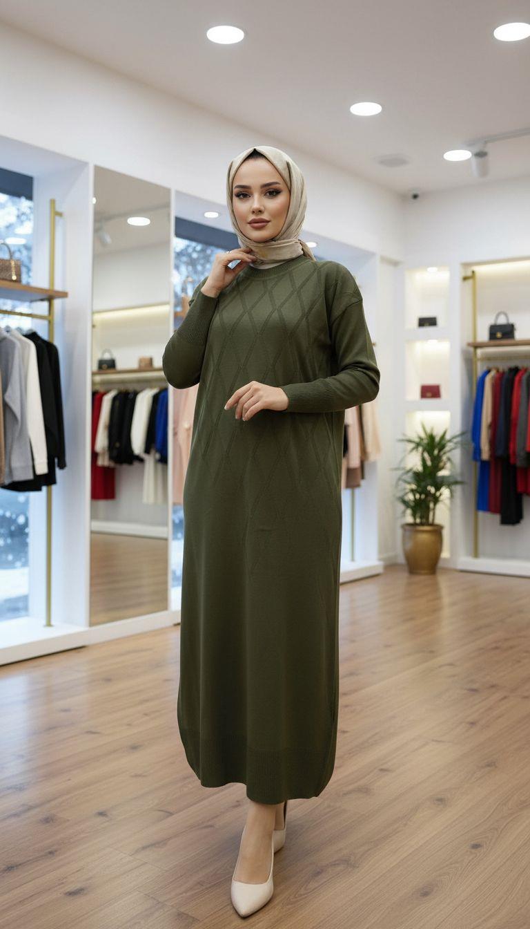Armine TREND Baklava Desen Triko Elbise Haki 25YTD957