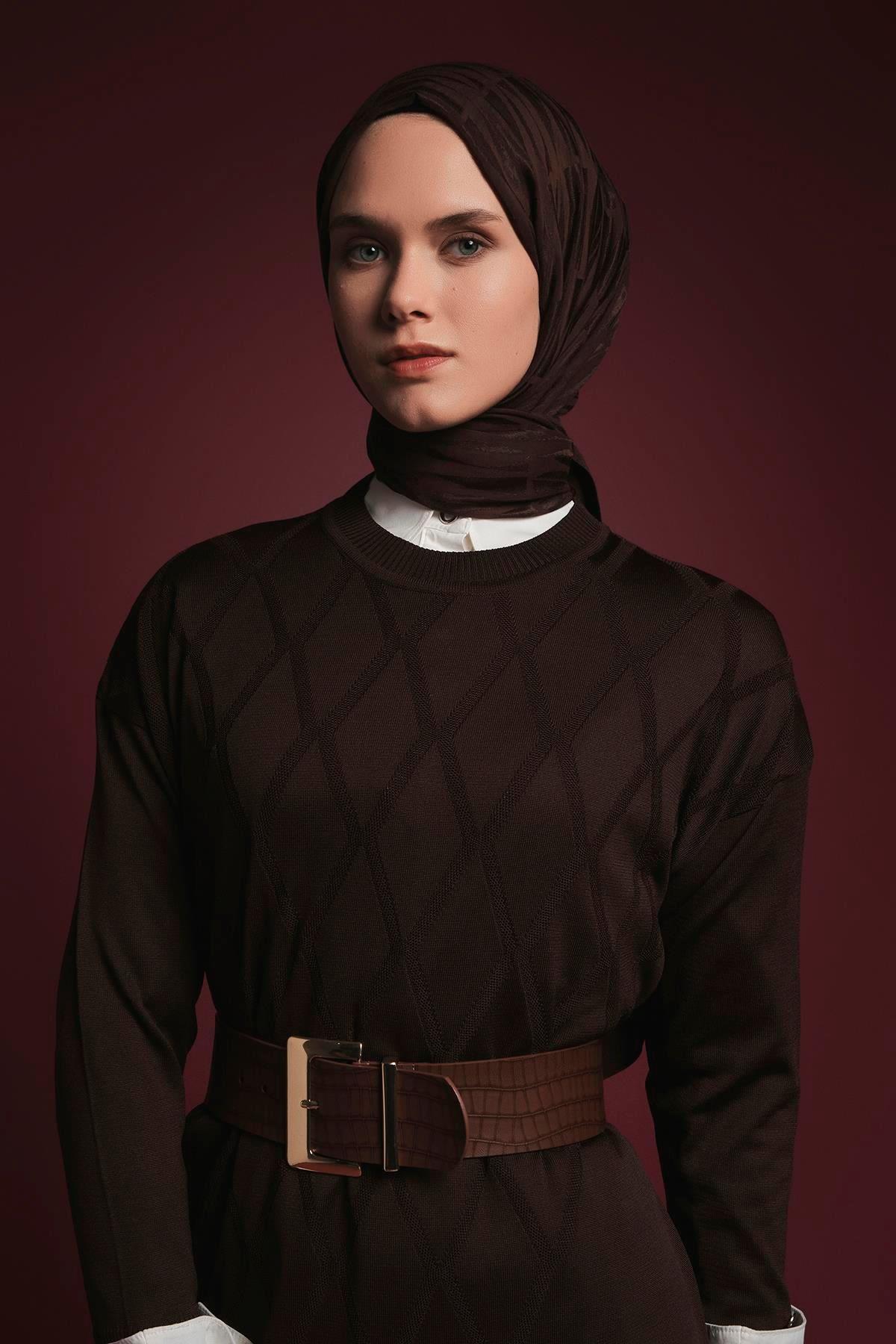 Armine TREND Baklava Desen Triko Elbise Kahverengi 25YTD957