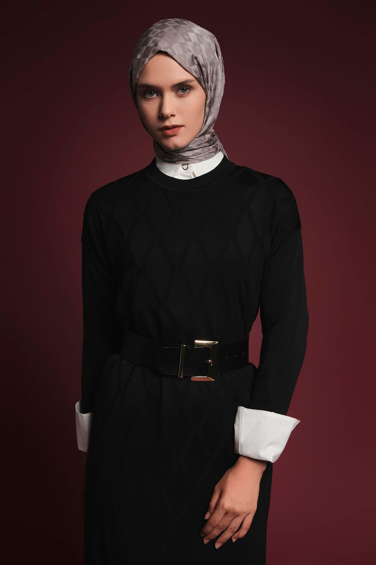 Armine TREND Baklava Desen Triko Elbise Siyah 25YTD957