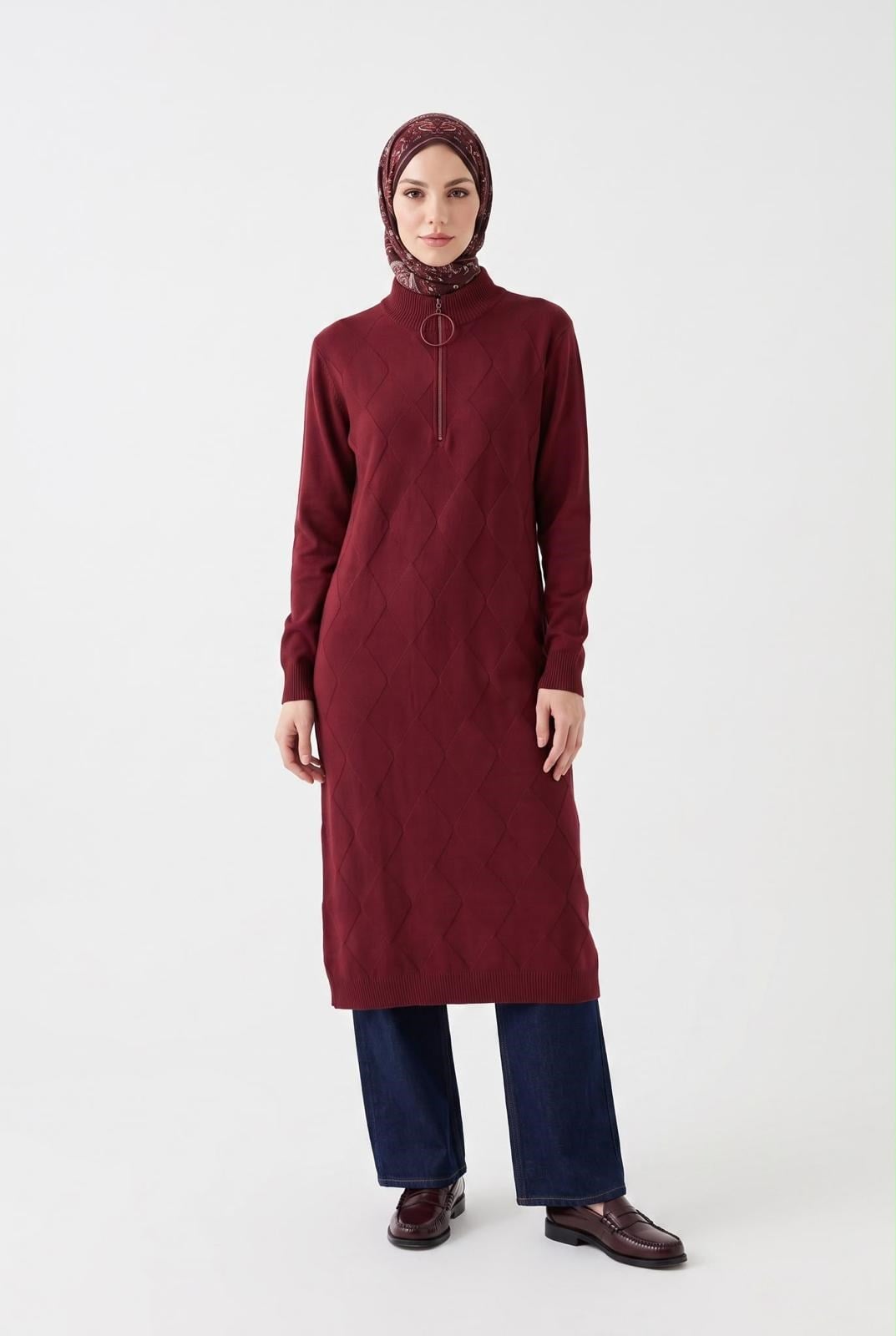 Armine TREND Baklava Desenli Fermuarlı Triko Tunik Bordo 26KTD4112