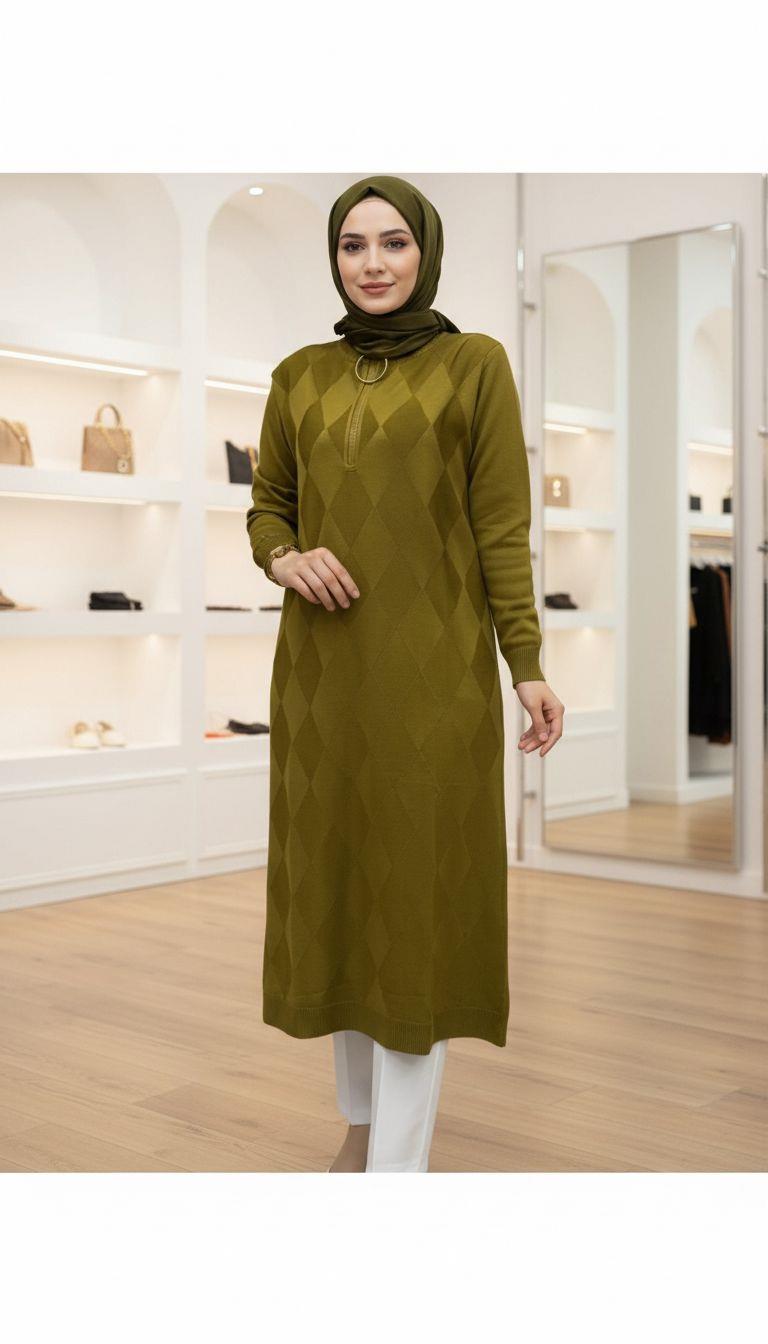 Armine TREND Baklava Desenli Merserize Triko Tunik Yağ Yeşili 25YTD4112