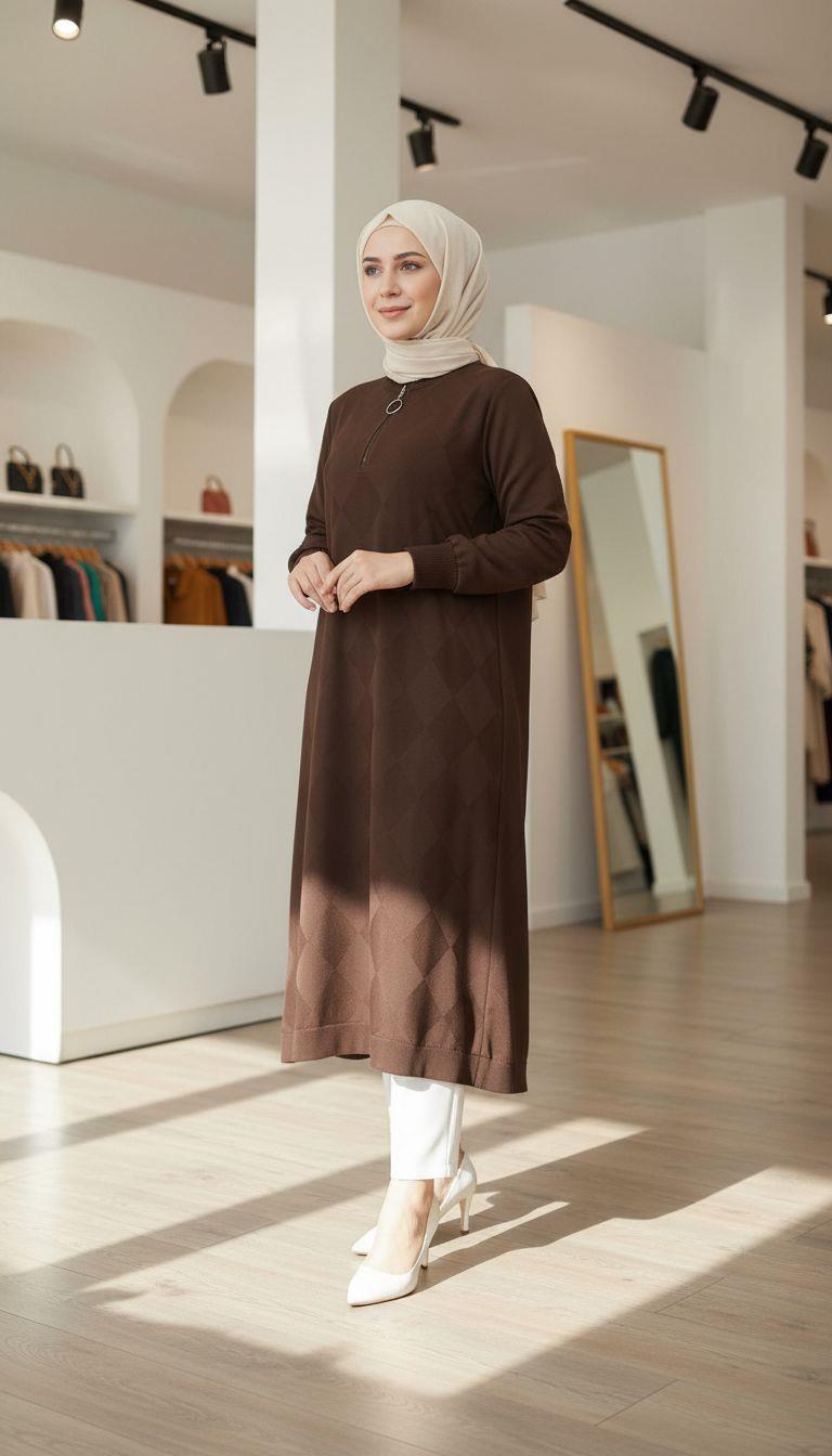 Armine TREND Baklava Desenli Merserize Triko Tunik Kahverengi 25YTD4112