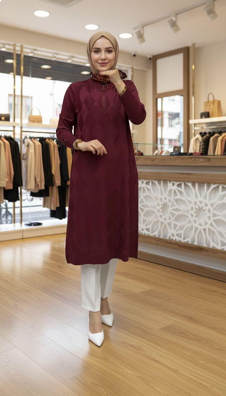 Armine TREND Baklava Desenli Merserize Triko Tunik Bordo 25YTD4112