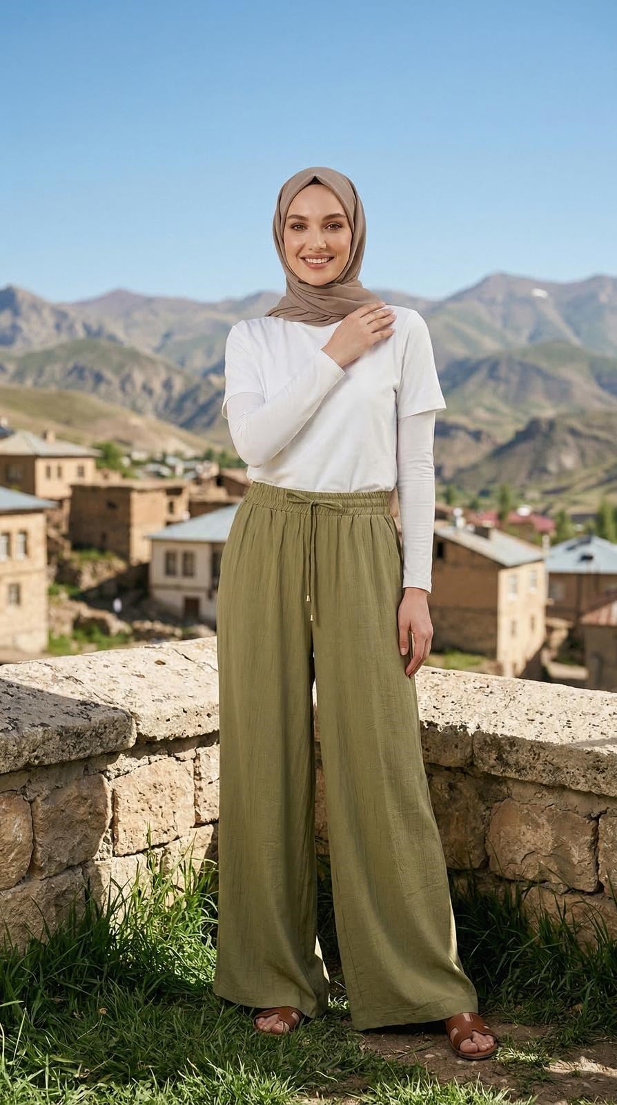 Armine TREND Belden Bağcıklı ve Lastikli Rahat Bayan Pantolon Küf Yeşili 26YT220
