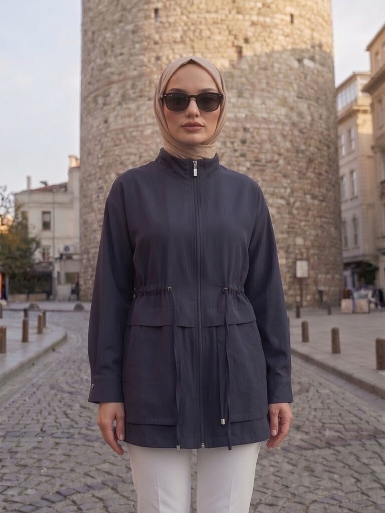 Armine Trend Beli Büzgülü Hakim Yaka Ceket Lacivert 26ytd553