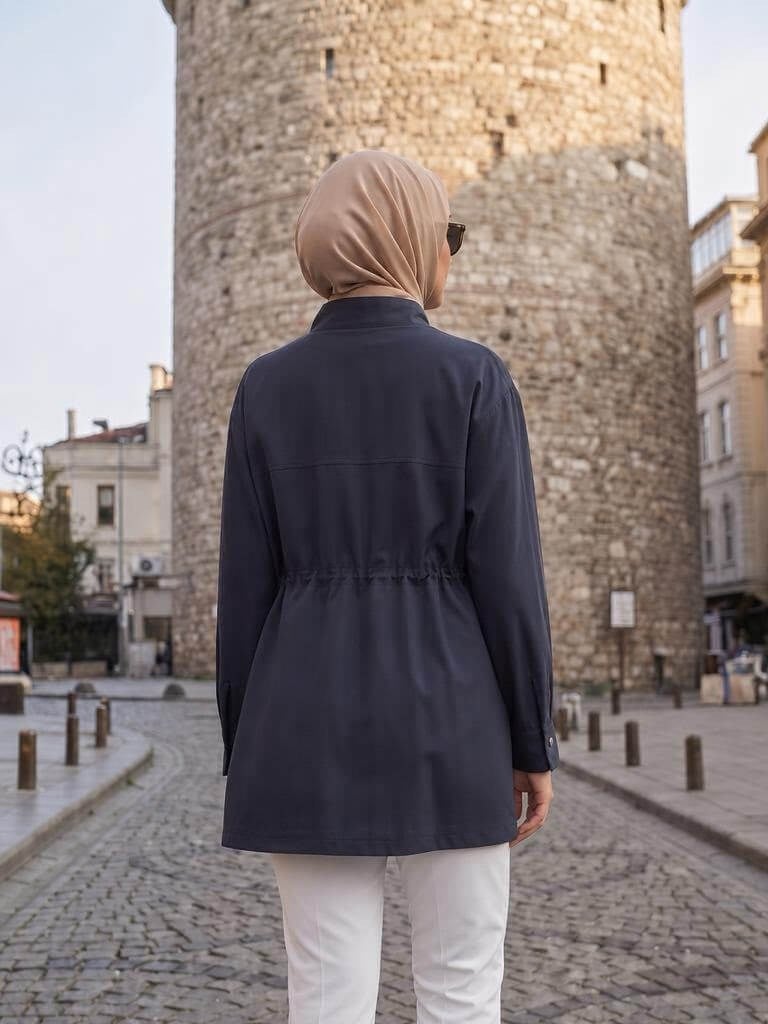 Armine Trend Beli Büzgülü Hakim Yaka Ceket Lacivert 26ytd553