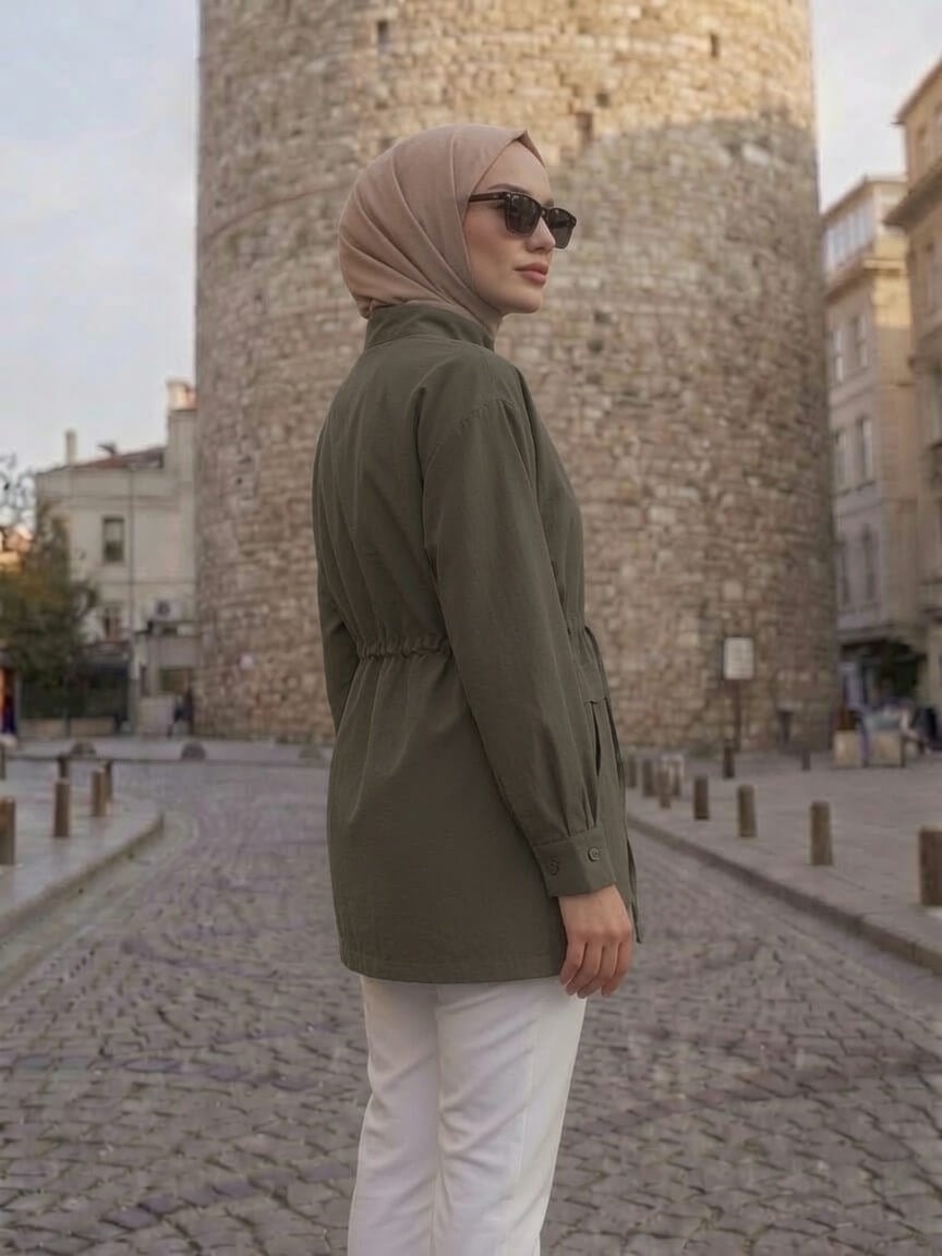 Armine Trend Beli Büzgülü Hakim Yaka Ceket Haki 26ytd553