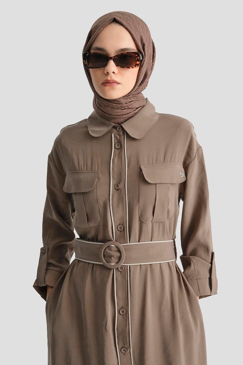 Armine TREND Beli Kemer Detaylı Düğmeli Elbise Kahverengi 25YT929