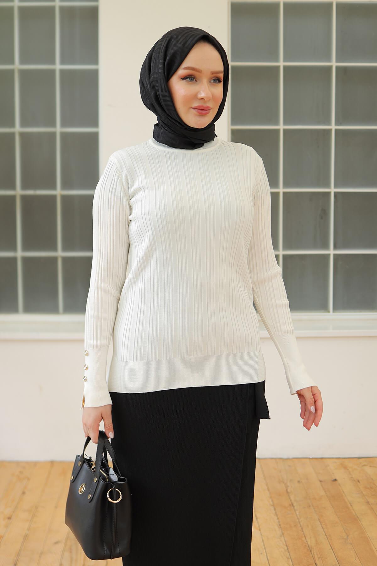 Armine TREND Bisiklet Yaka Düğme Detaylı Triko Bluz Kemik 24KTD301