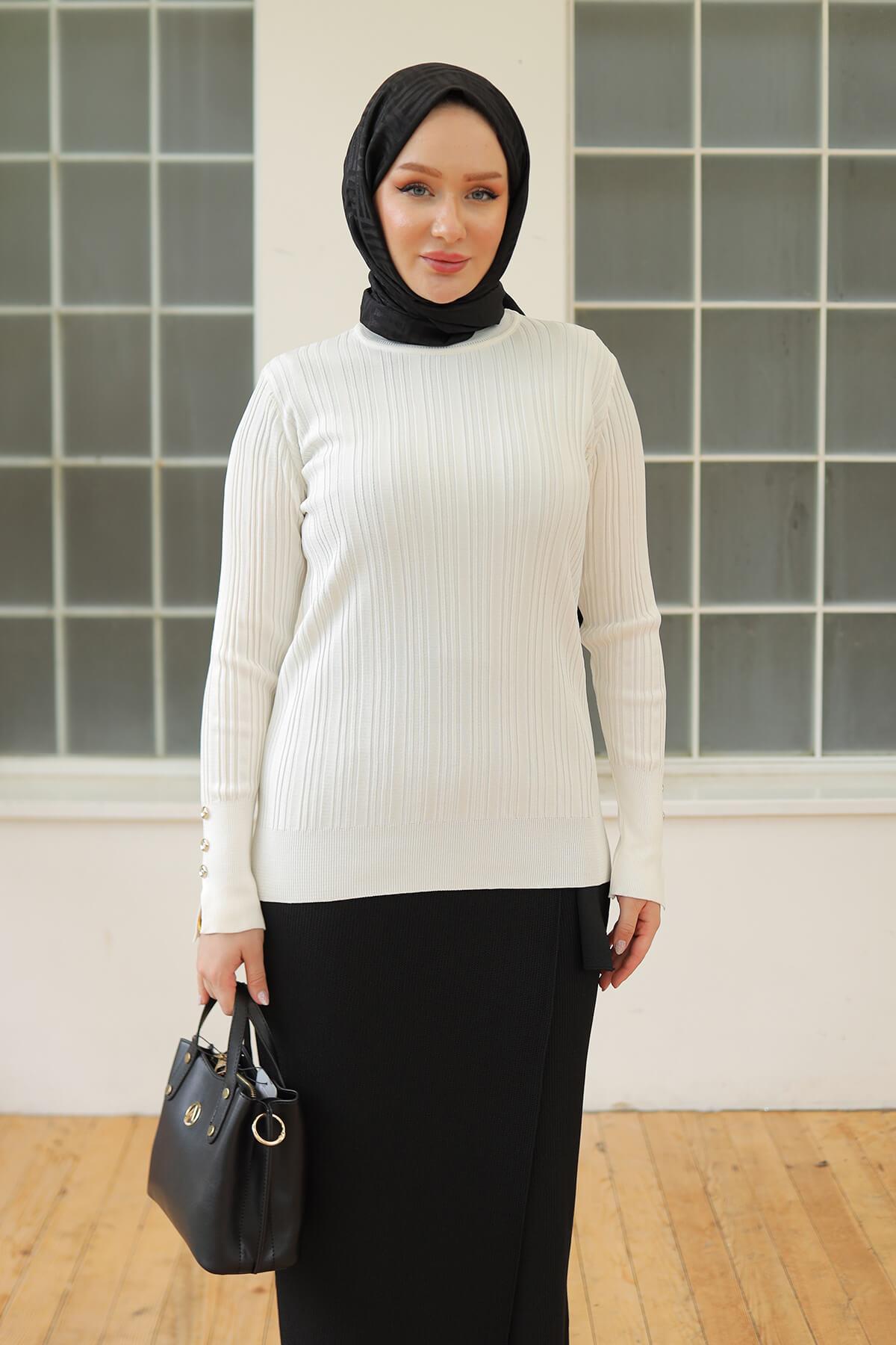 Armine TREND Bisiklet Yaka Düğme Detaylı Triko Bluz Kemik 24KTD301