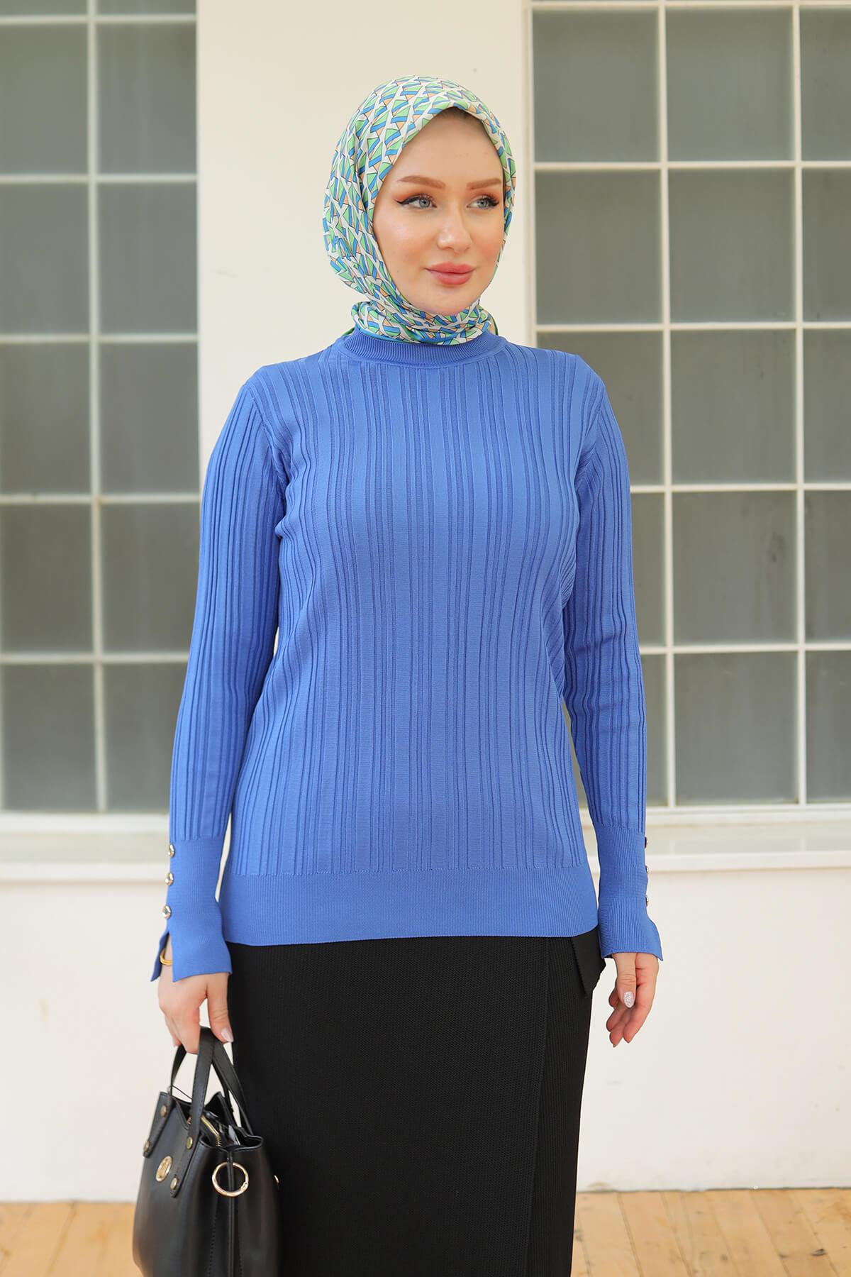 Armine TREND Bisiklet Yaka Düğme Detaylı Triko Bluz Saks 24KTD301
