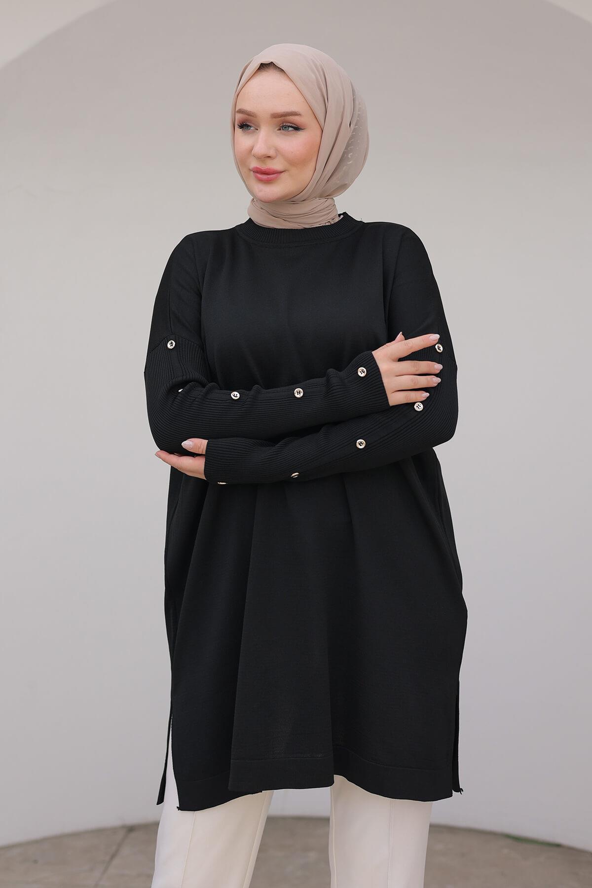 Armine TREND Bisiklet Yaka Koldan Düğme Detaylı Siyah Triko Tunik 24KTD402