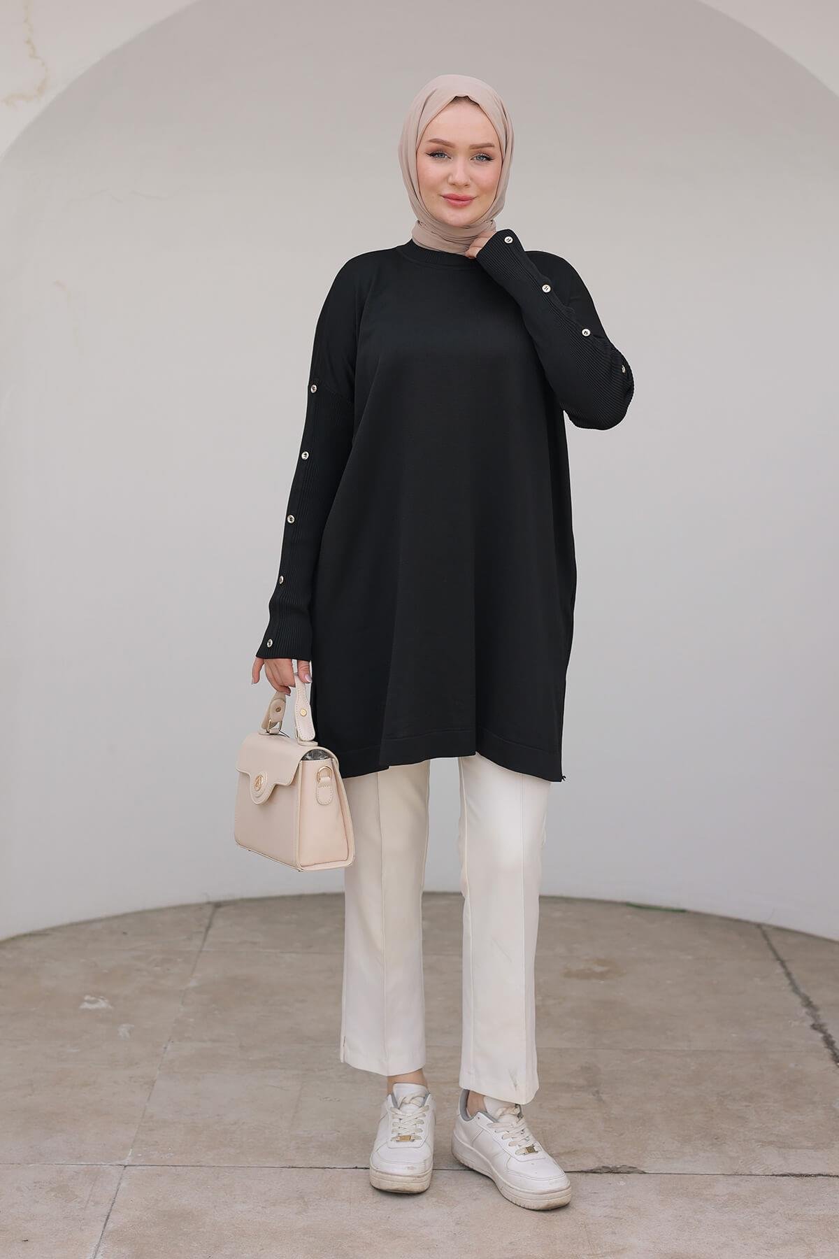 Armine TREND Bisiklet Yaka Koldan Düğme Detaylı Siyah Triko Tunik 24KTD402