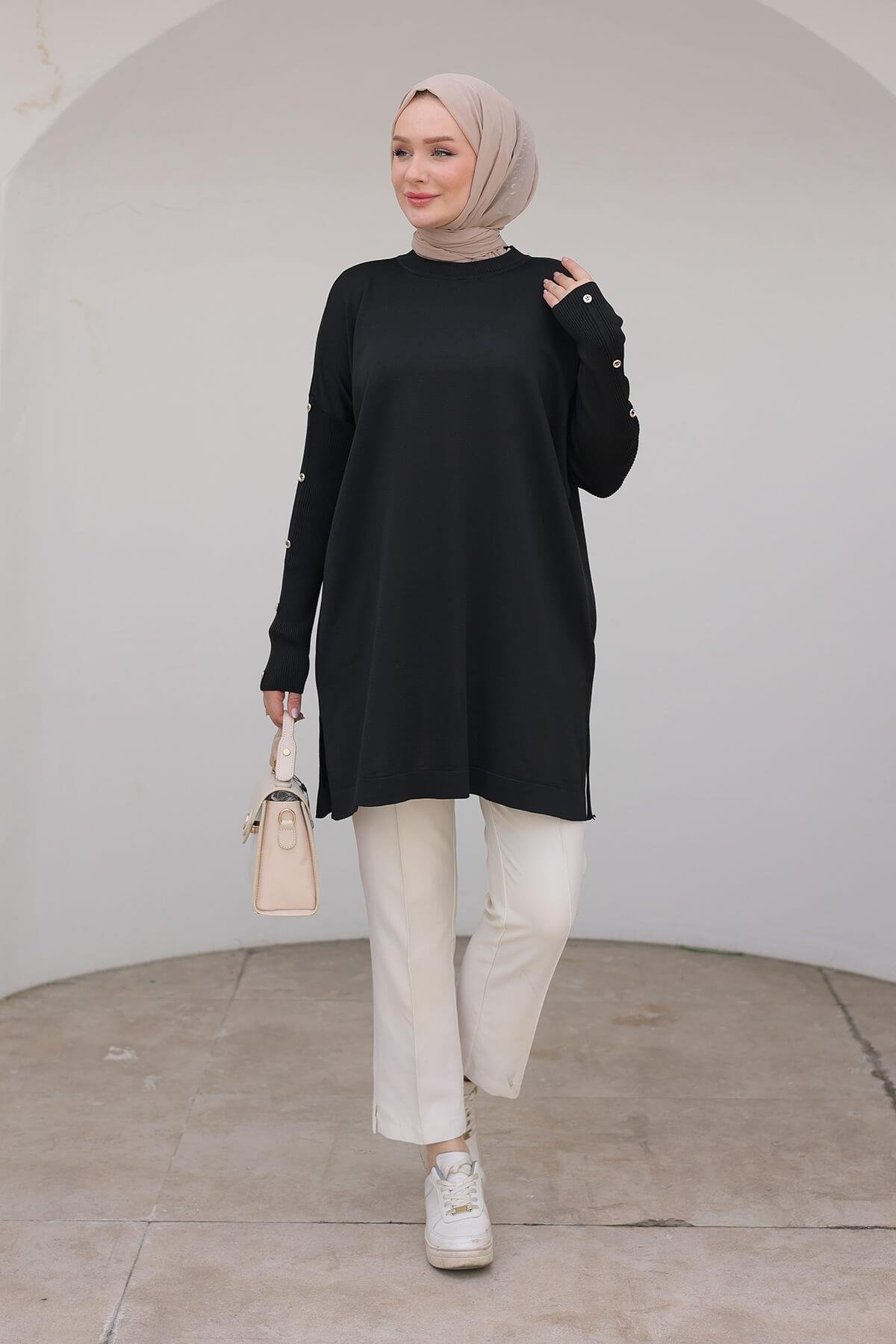 Armine TREND Bisiklet Yaka Koldan Düğme Detaylı Siyah Triko Tunik 24KTD402