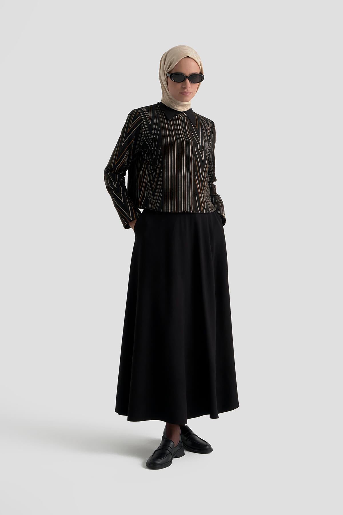 Armine TREND Bluz Desenli Etekli Takım Kahverengi 25KT6117