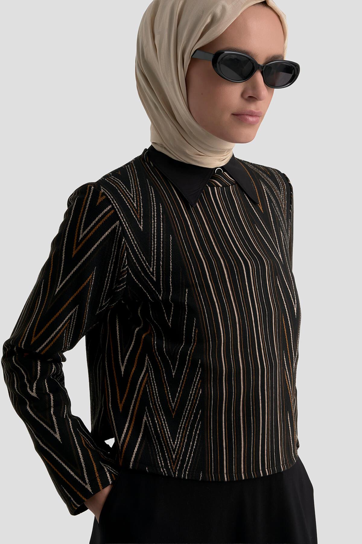 Armine TREND Bluz Desenli Etekli Takım Kahverengi 25KT6117