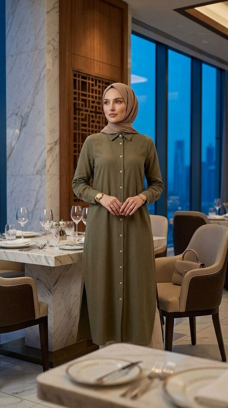 Armine TREND Boydan Düğmeli Cep Detaylı Gömlek Yaka Uzun Tunik Haki 26YT404