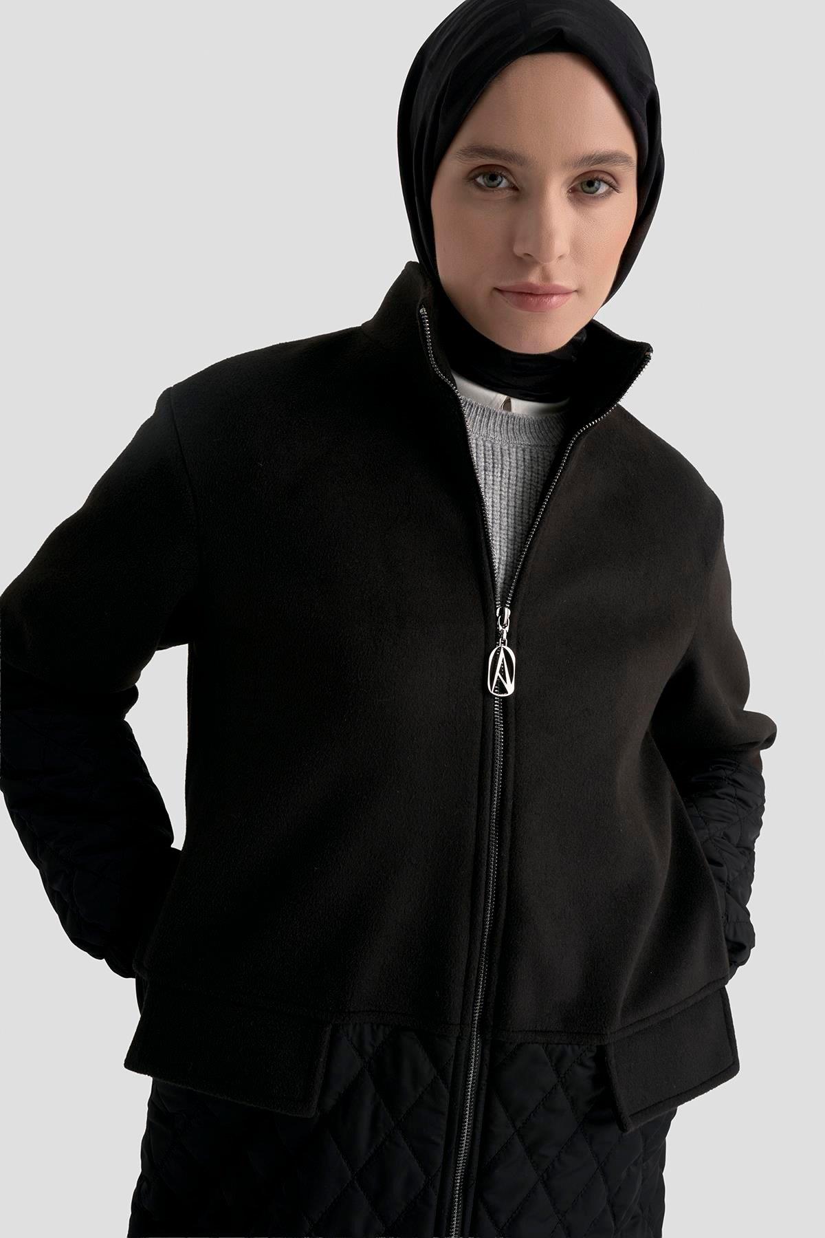 Armine TREND Boydan Fermuarlı Cepli Kapitone Ceket Siyah 25KT569