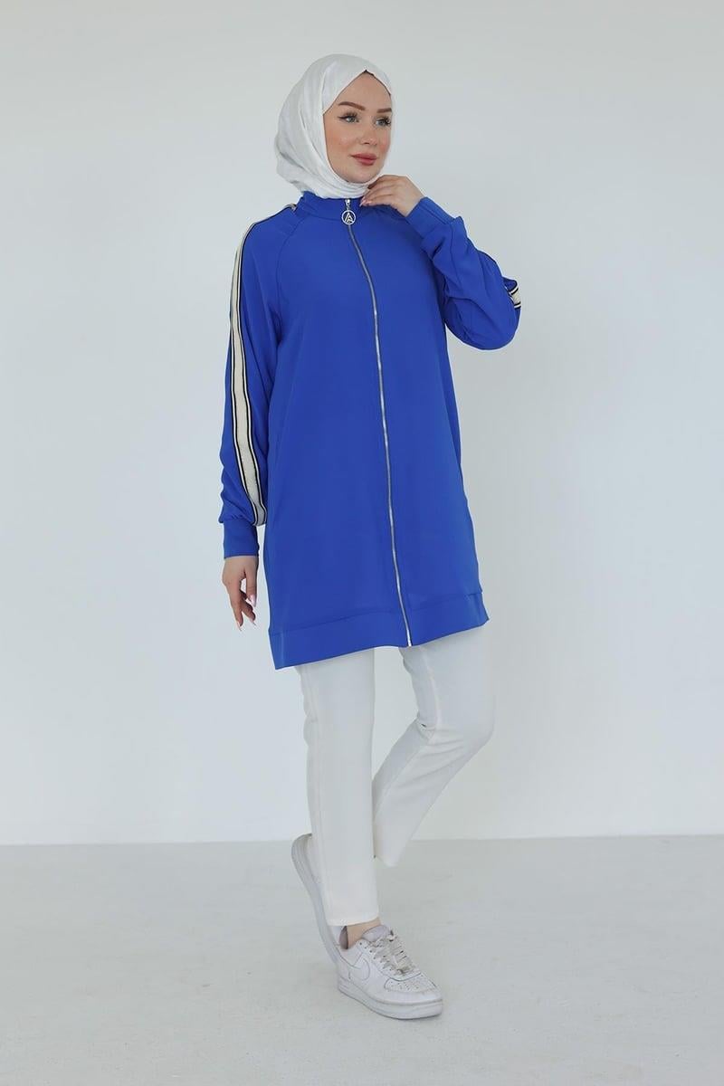 ARMİNE TREND Boydan Fermuarlı Kolları Ribanalı Tunik Saks 25YT414