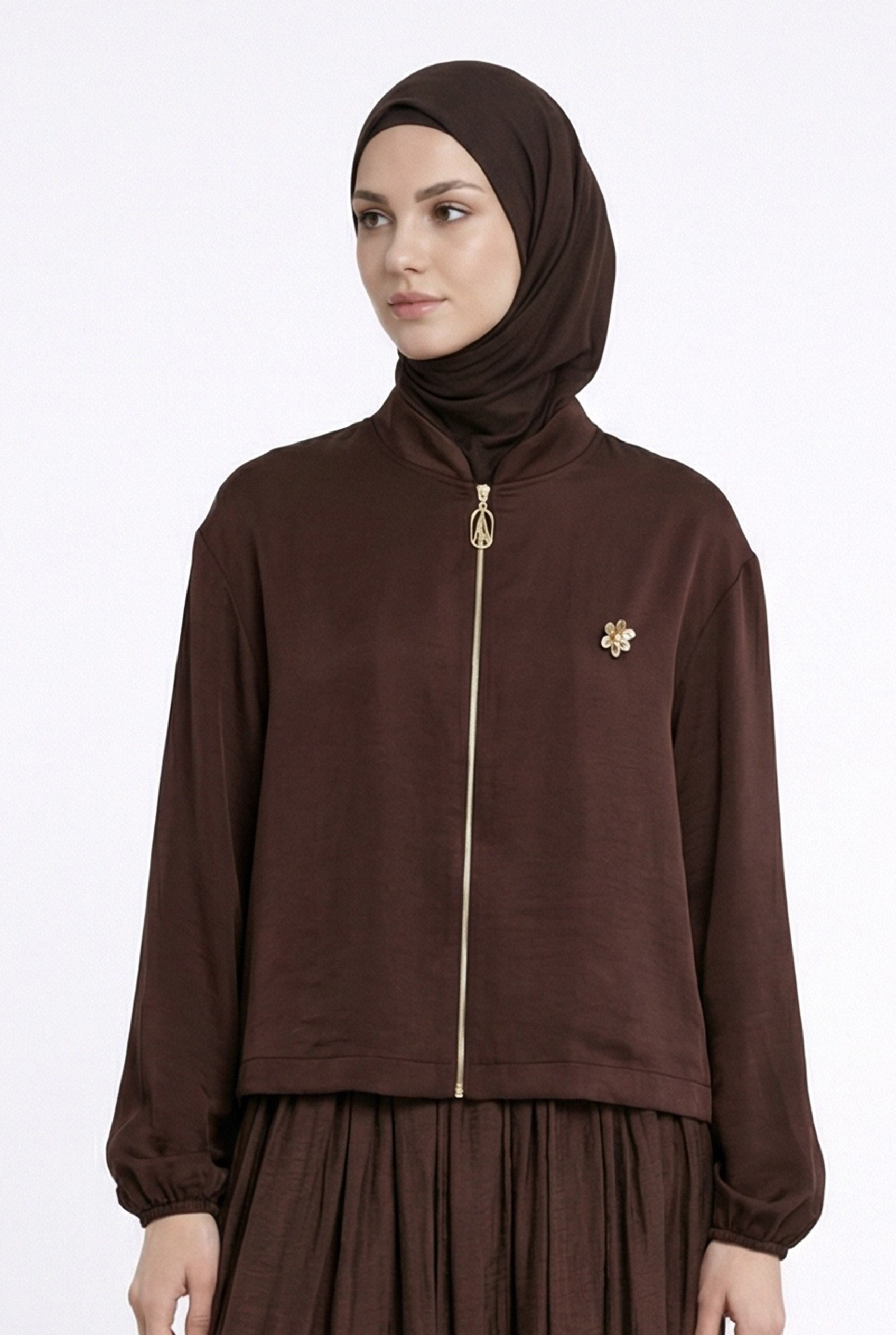 Armine TREND Broş Detaylı Şifon Etekli ve içlikli Takım Kahverengi 26YT649