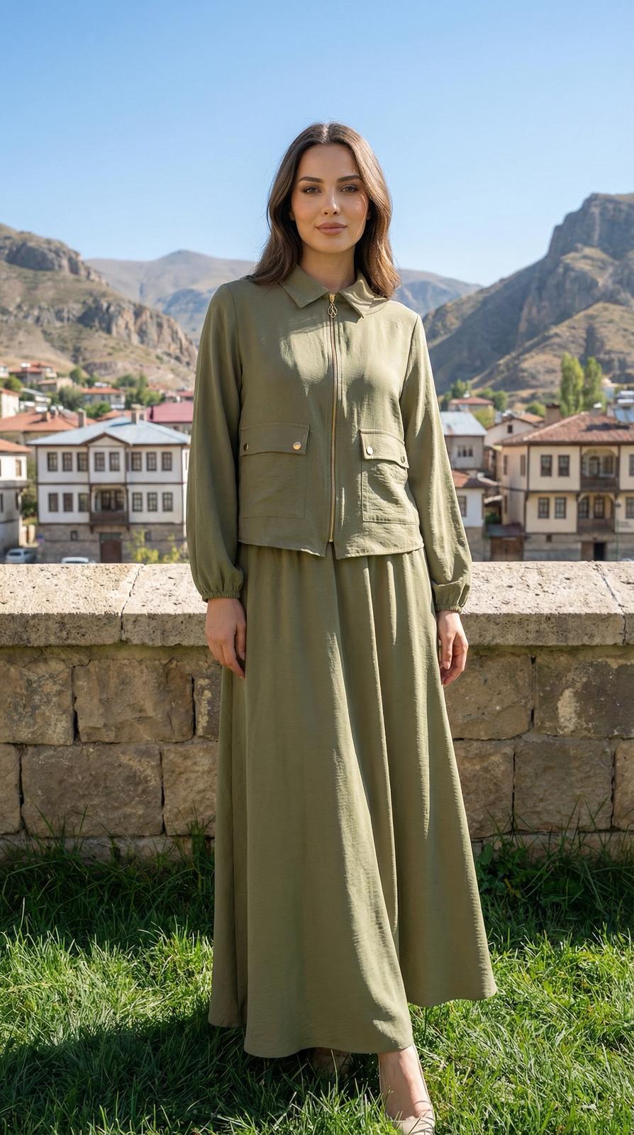 Armine TREND Ceket Fermuarlı Etekli Takım Haki 26YT621