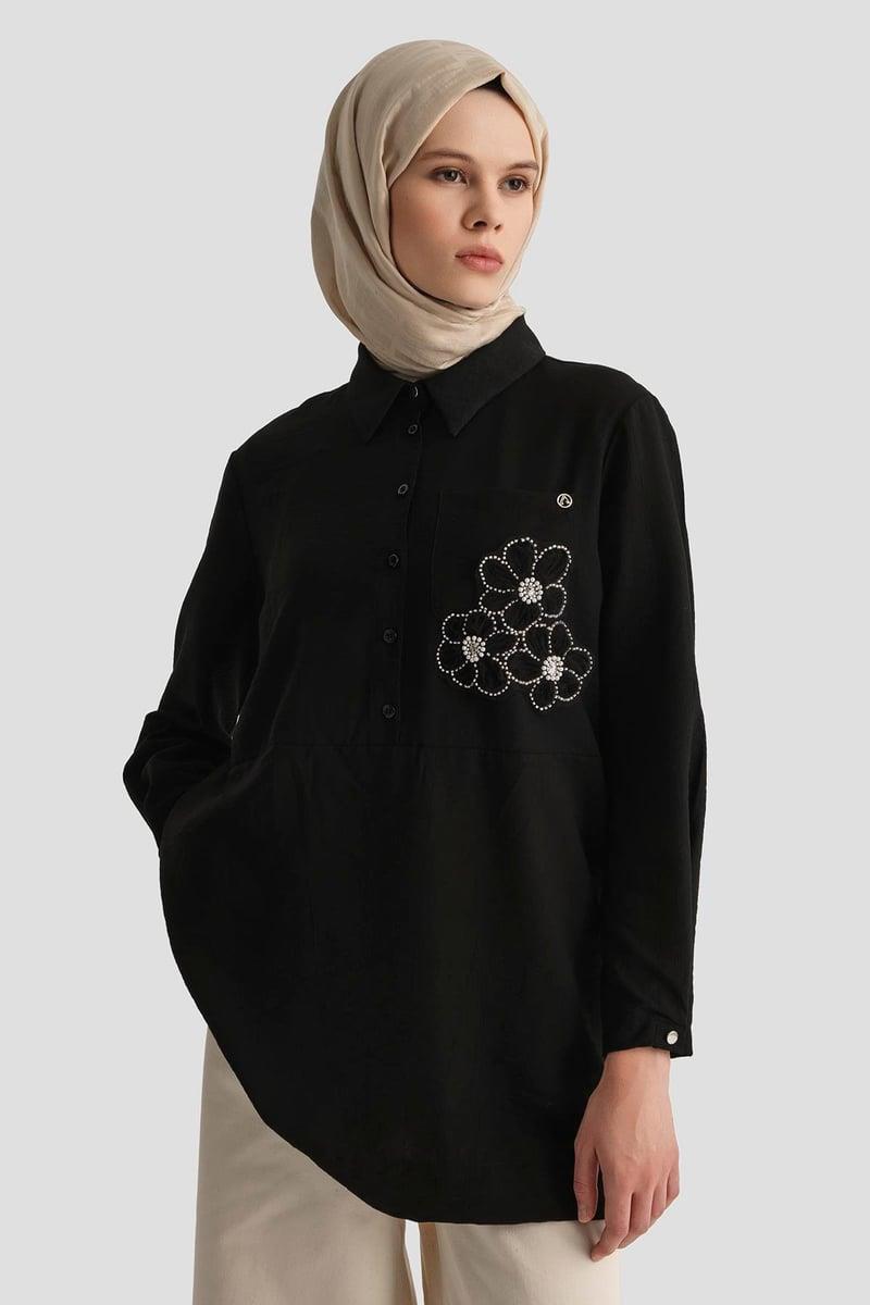 Armine TREND Cep Çiçek Detaylı Tunik Siyah 25YT4150