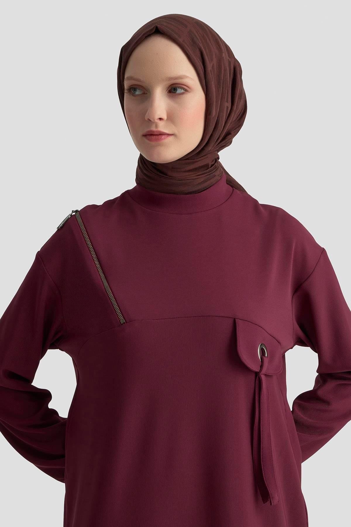 ARMİNE TREND Cep Kapağı Kuşgözü Detaylı Fitilli Tunik Bordo 25KT453