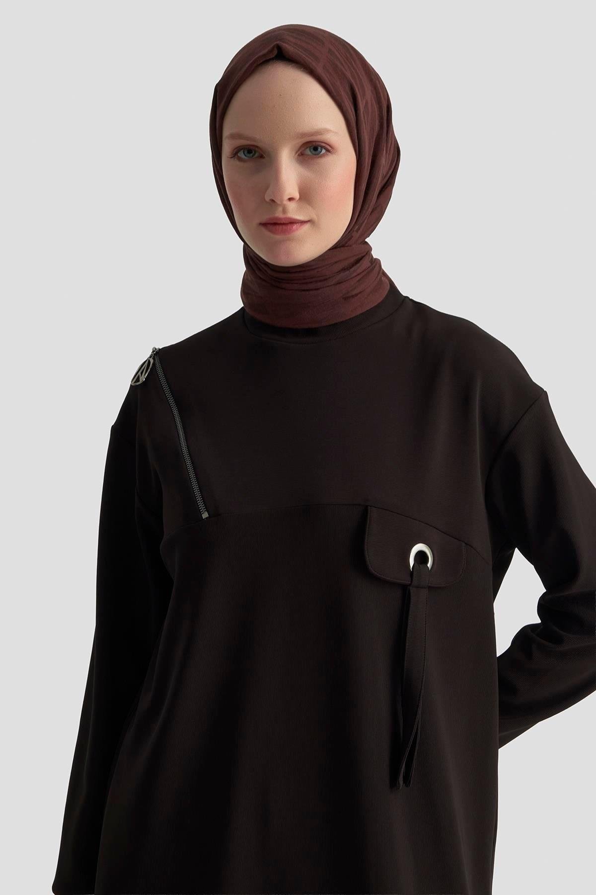 ARMİNE TREND Cep Kapağı Kuşgözü Detaylı Fitilli Tunik Siyah 25KT453