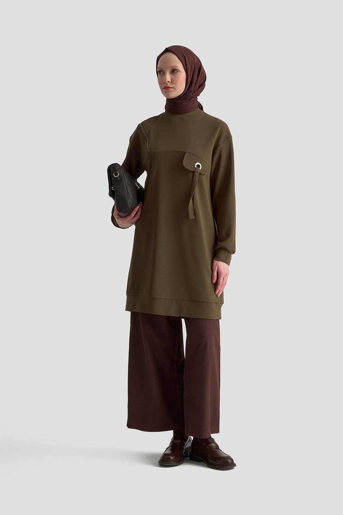 ARMİNE TREND Cep Kapağı Kuşgözü Detaylı Fitilli Tunik Haki 25KT453