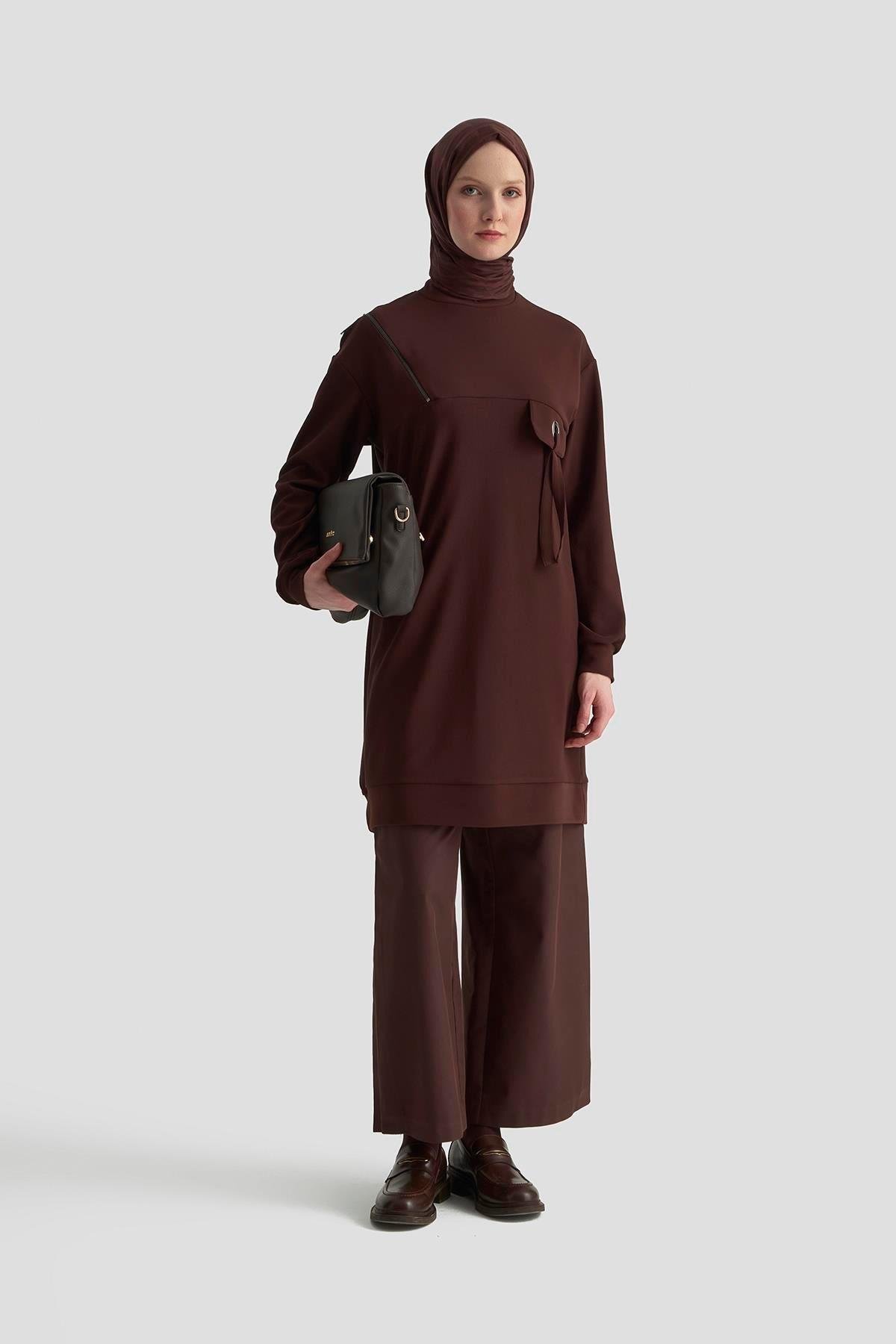 ARMİNE TREND Cep Kapağı Kuşgözü Detaylı Fitilli Tunik Koyu Kahve 25KT453