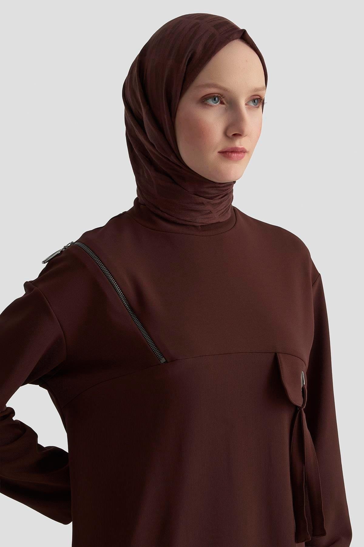 ARMİNE TREND Cep Kapağı Kuşgözü Detaylı Fitilli Tunik Koyu Kahve 25KT453