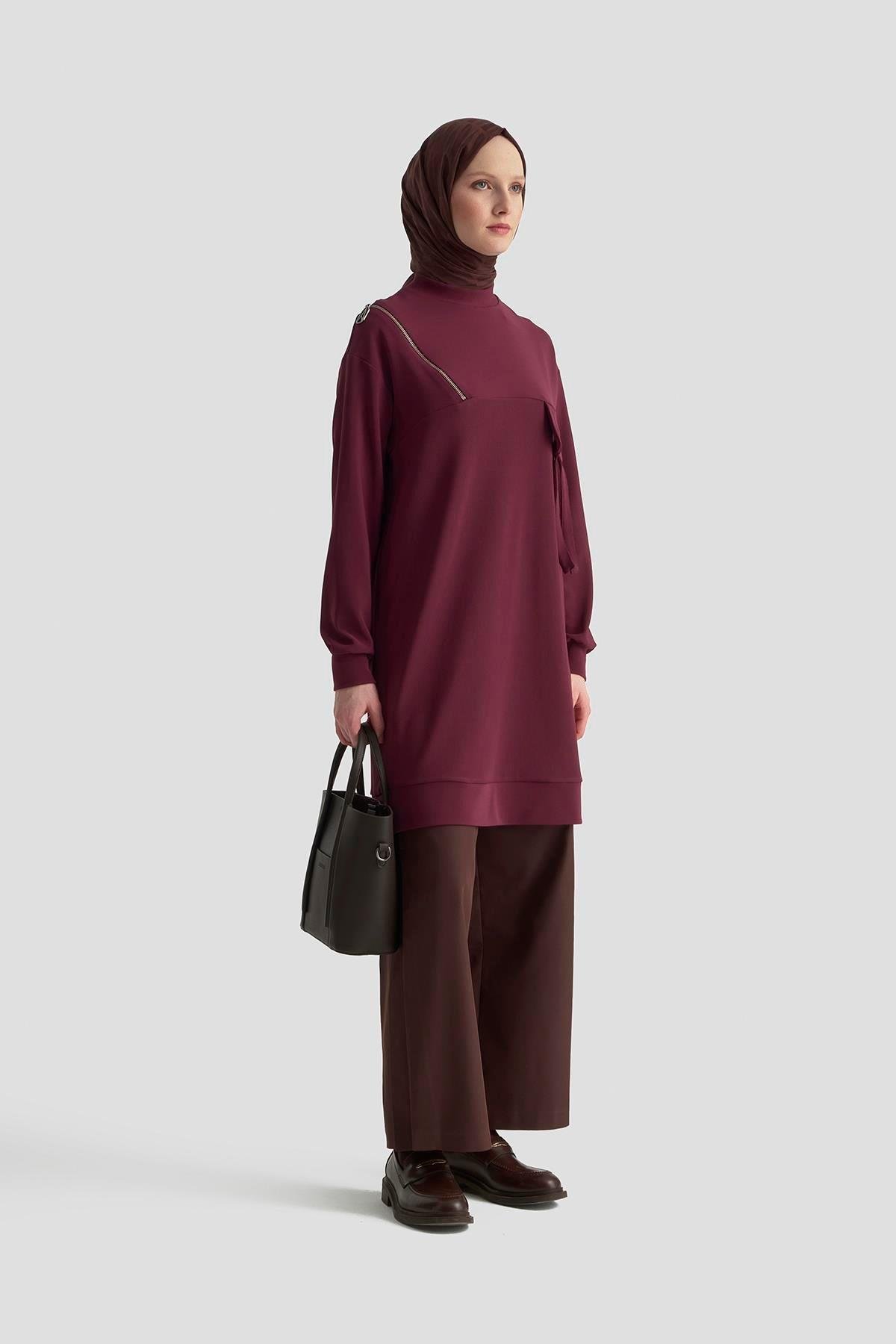 ARMİNE TREND Cep Kapağı Kuşgözü Detaylı Fitilli Tunik Bordo 25KT453