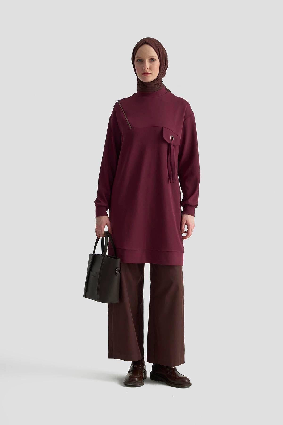 ARMİNE TREND Cep Kapağı Kuşgözü Detaylı Fitilli Tunik Bordo 25KT453