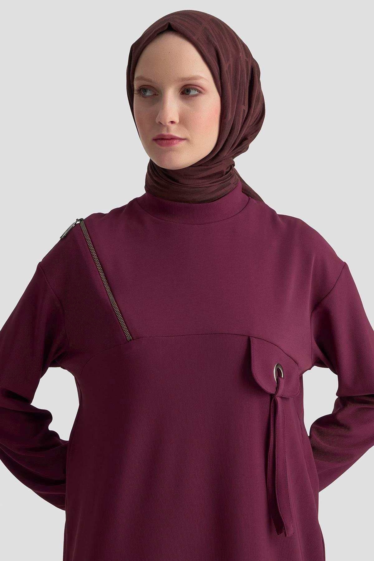 ARMİNE TREND Cep Kapağı Kuşgözü Detaylı Fitilli Tunik Bordo 25KT453