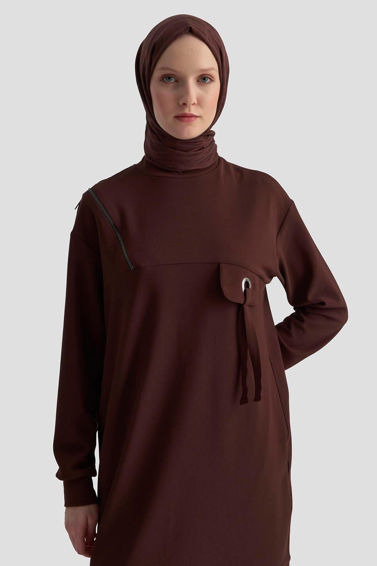 ARMİNE TREND Cep Kapağı Kuşgözü Detaylı Fitilli Tunik Koyu Kahve 25KT453
