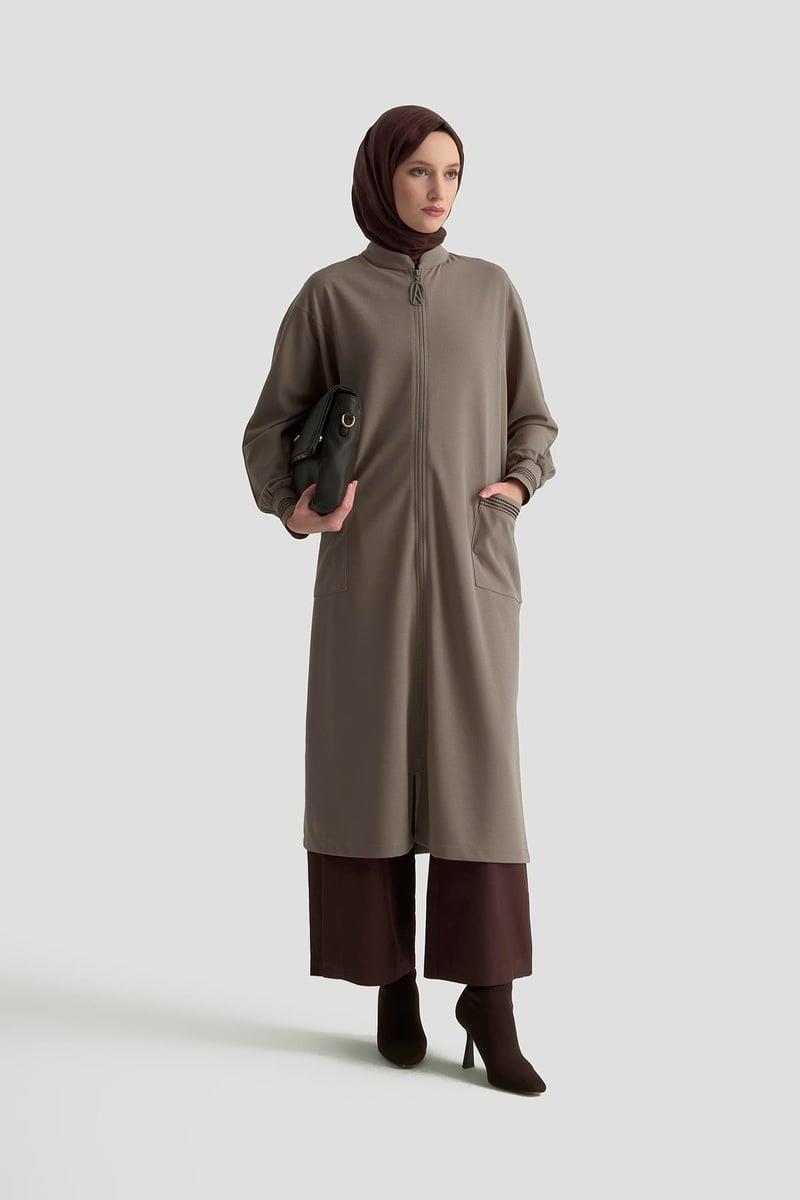 Armine TREND Cep ve Kol Sim İşlemeli Tam Boy Ceket Vizon 25KT557