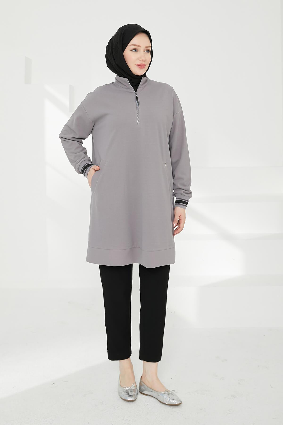 Armine TREND Cepli Önden Fermuarlı Tunik Gri 24KT480